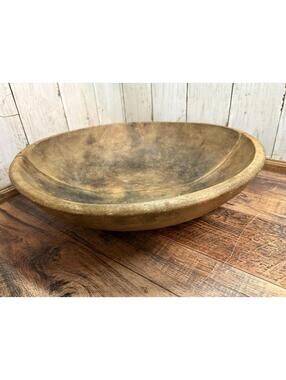 Early Primitive Rimmed Wooden Wood Dough Butter Bowl Oval Out of Round 14.5”